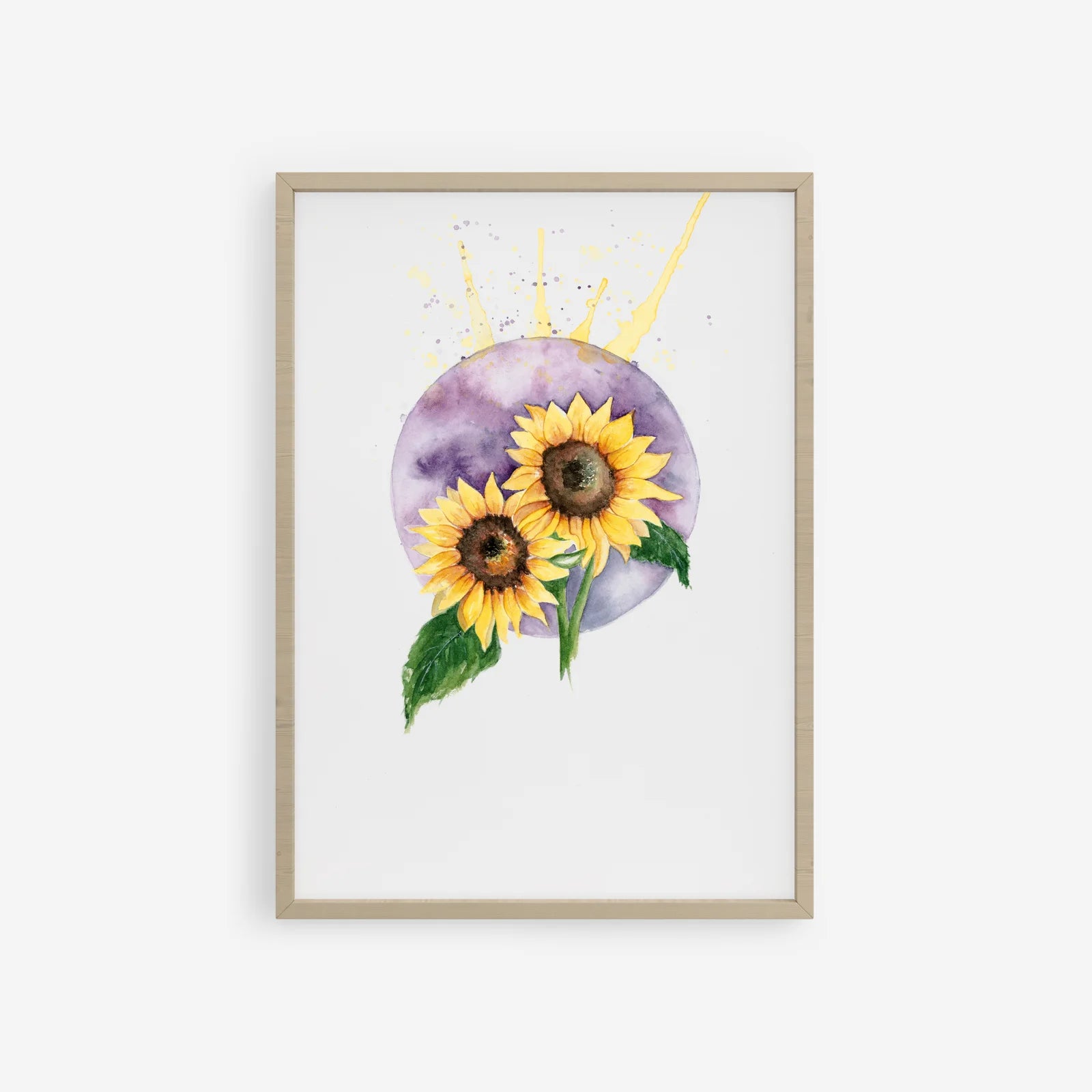 Framed artwork with sunflowers and a purple circle on a white background