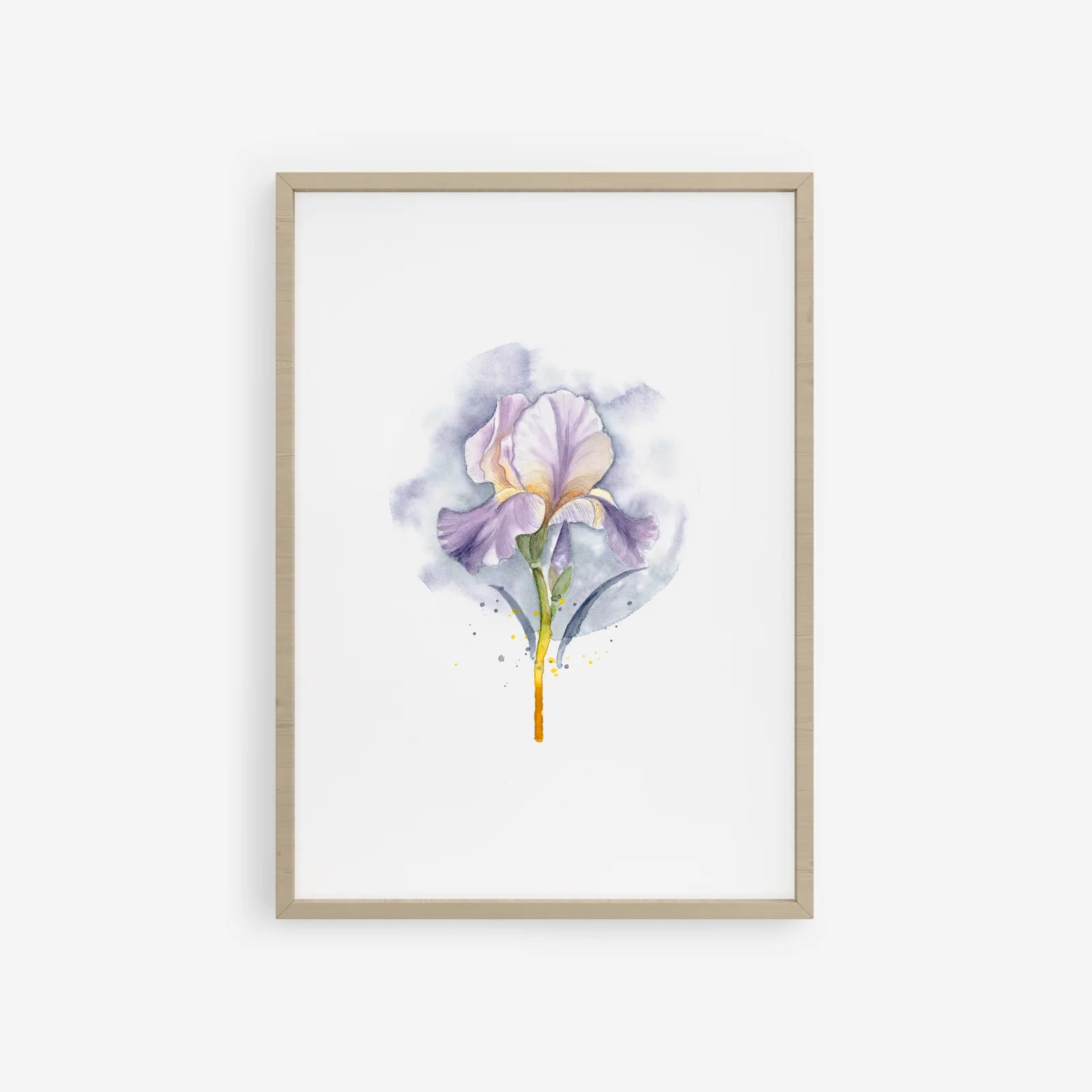 Framed artwork of a watercolor iris flower on a white background