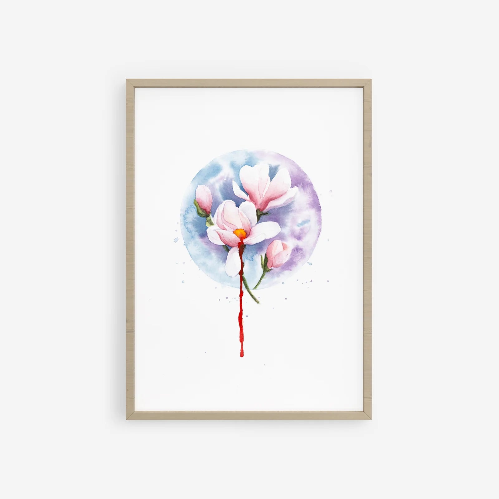 Framed artwork of a watercolor balloon with flowers on a white background