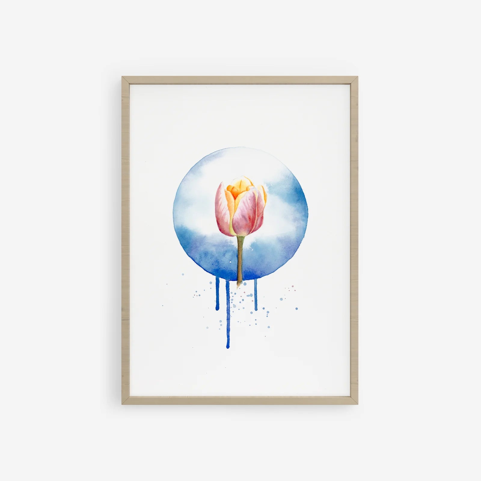 Framed artwork of a tulip flower with a blue circular background on a white wall.