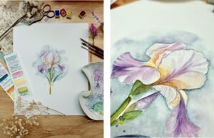 Lily watercolor painting with delicate petals and soft background. Shienakara by Karen Novoa.