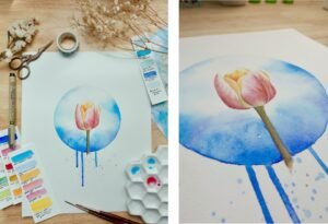 Tulip Watercolor painting with dreamy blue background – Shienakara by Karen Novoa.