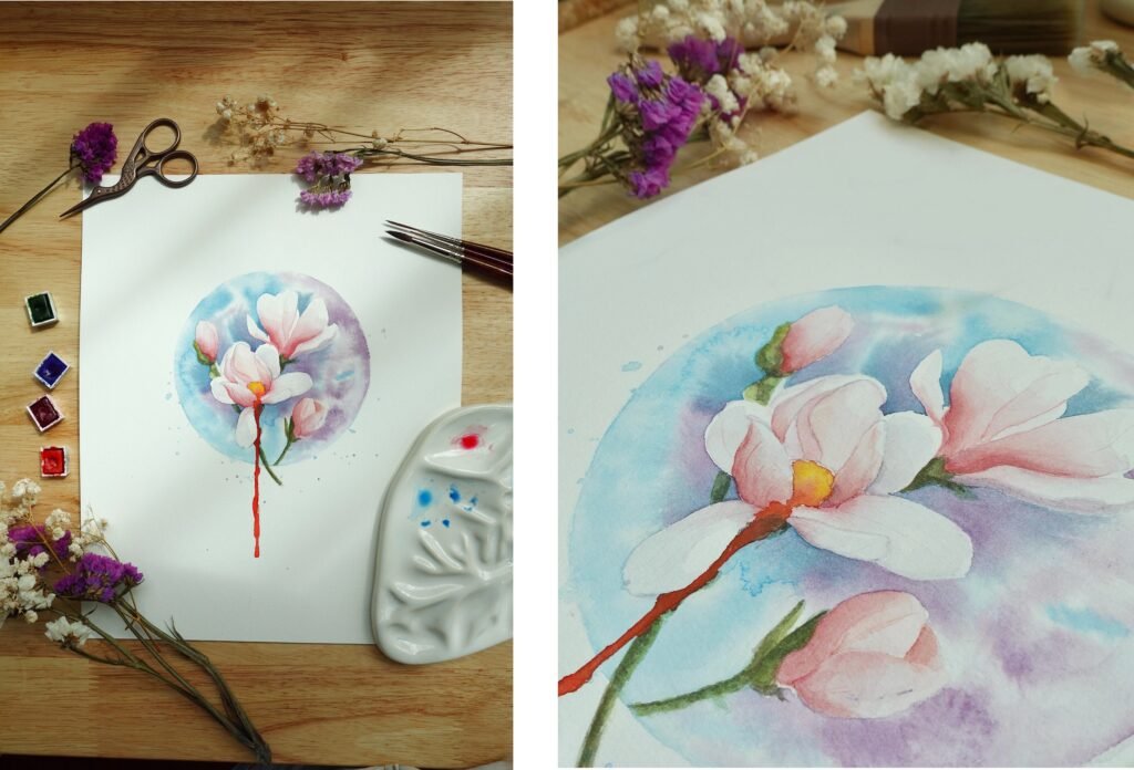 Watercolor magnolia painting with soft pink and white petals on a light background by Shienakara, artist Karen Novoa