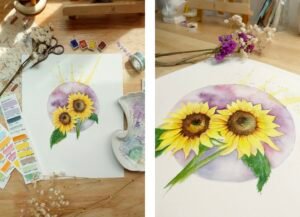 Watercolor sunflower painting with yellow petals and lavender background by Shienakara, artist Karen Novoa