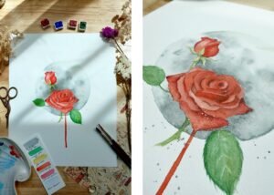 Rose Watercolor painting – one in bloom and one in bud – with green leaves against a soft gray circle background. Shienakara by Karen Novoa.
