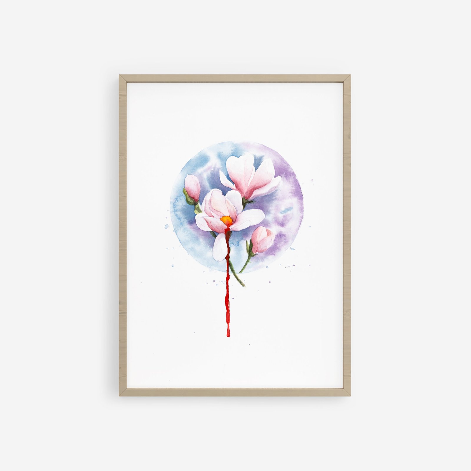 Watercolor magnolia painting with soft pink and white petals on a light background by Shienakara, artist Karen Novoa