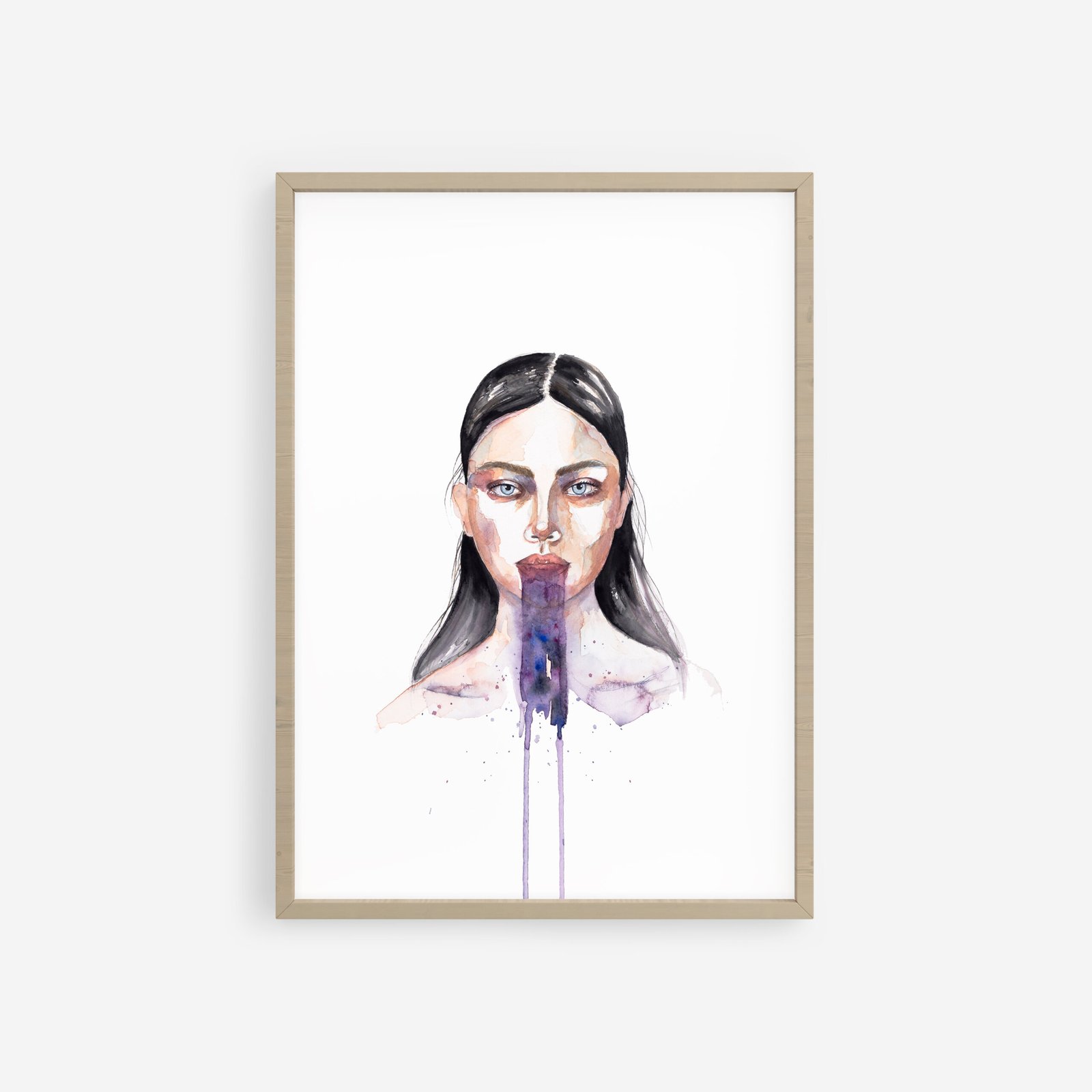 Unspoken, Watercolor portrait of a woman with deep blue eyes and dark hair, featuring a central splash of purple paint flowing downward – expressive female face by Karen Novoa.