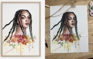 Floral awakening. Framed expressive watercolor portrait of a woman with long braids, surrounded by vibrant red and orange flowers, painted in a fluid and contemporary style. Shienakara by Karen Novoa.