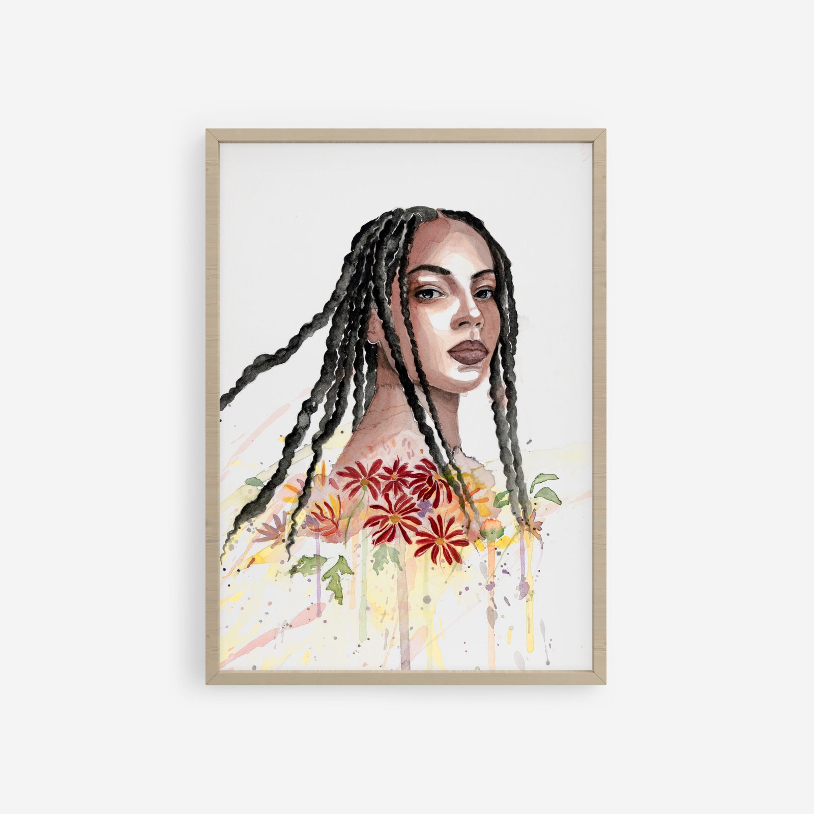 Floral awakening. Framed expressive watercolor portrait of a woman with long braids, surrounded by vibrant red and orange flowers, painted in a fluid and contemporary style. Shienakara by Karen Novoa.
