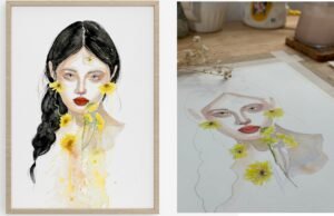 proceess.Yellow Metamorphosis. Framed expressive watercolor portrait of a woman with a dark braid, adorned with bright yellow flowers, painted in a fluid, contemporary style. Shienakara by Karen Novoa.