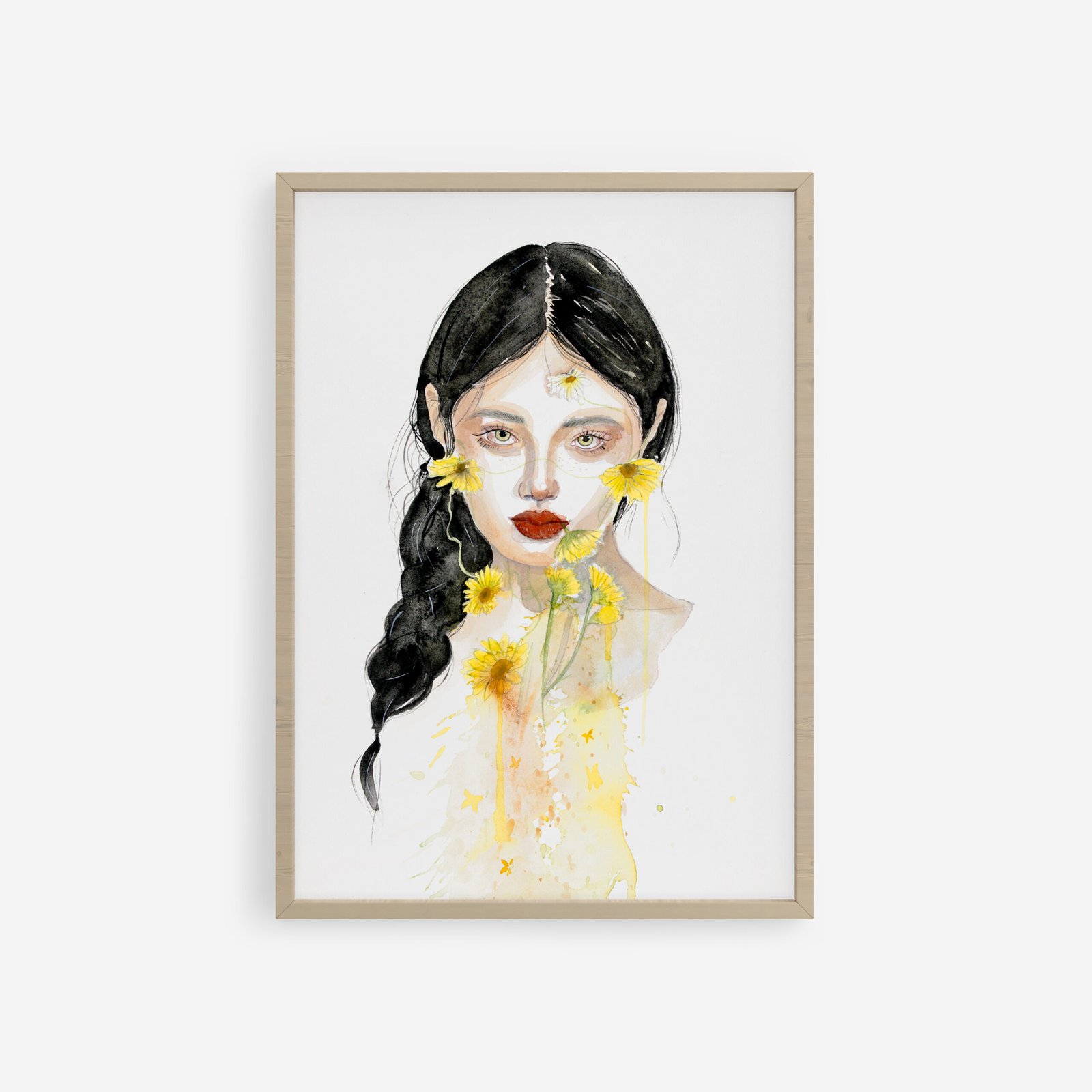Yellow Metamorphosis. Framed expressive watercolor portrait of a woman with a dark braid, adorned with bright yellow flowers, painted in a fluid, contemporary style. Shienakara by Karen Novoa.