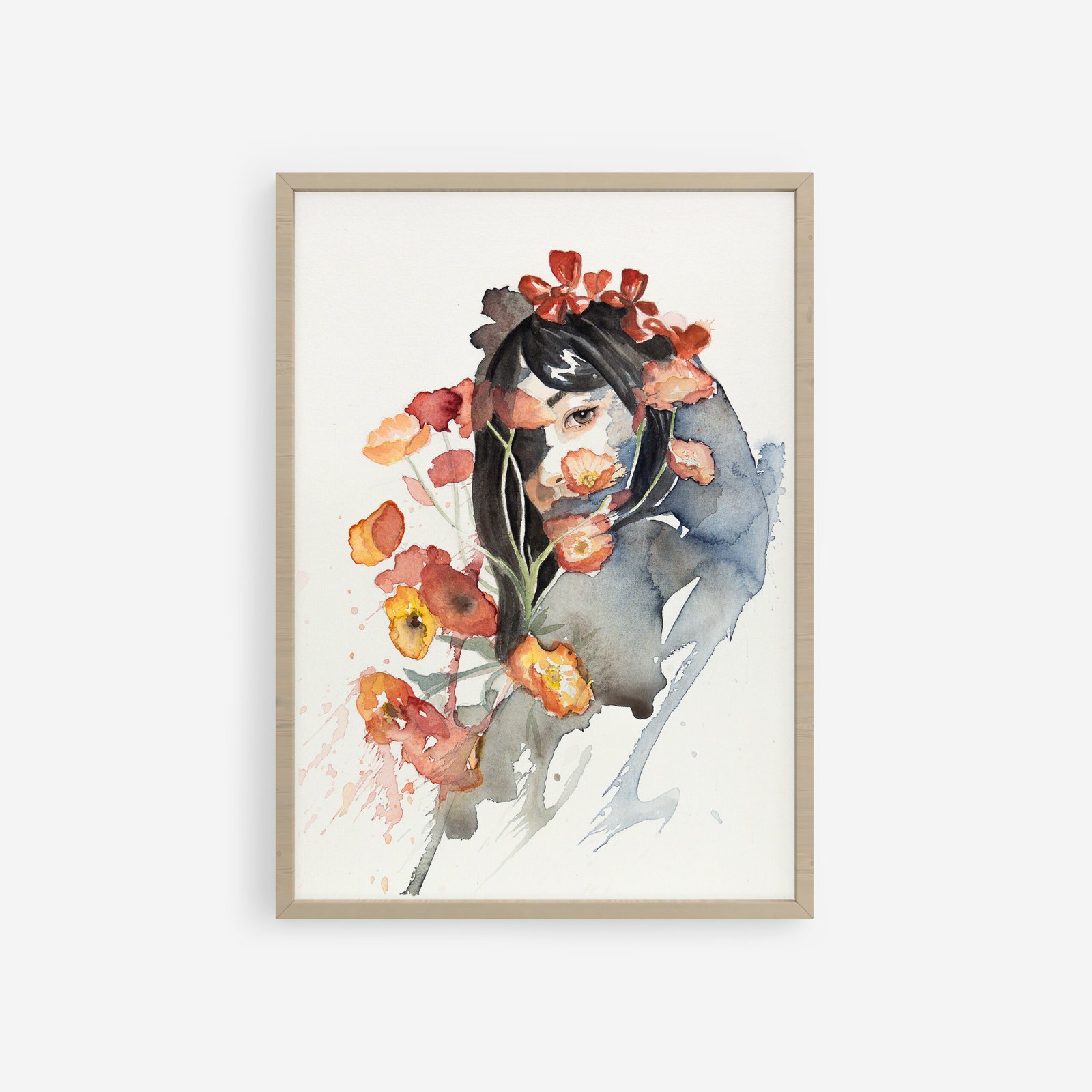 Veil of petals. Framed watercolor portrait of a woman partially veiled by vibrant orange and red flowers, painted in an expressive and fluid style. Shienakara by Karen Novoa.