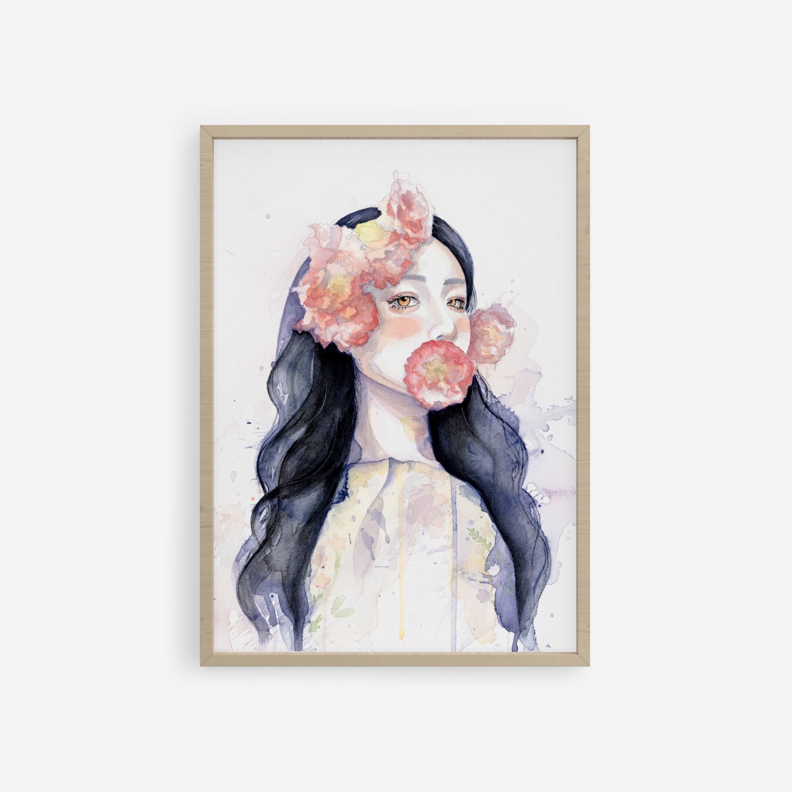 Softly, I remain. Framed delicate watercolor portrait of a woman with long dark hair, adorned with soft pastel flowers, painted in a serene and fluid style. Shienakara by Karen Novoa.