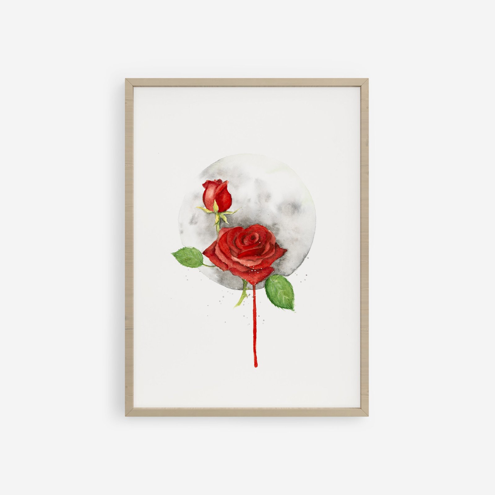 Rose Watercolor painting – one in bloom and one in bud – with green leaves against a soft gray circle background. Shienakara by Karen Novoa.