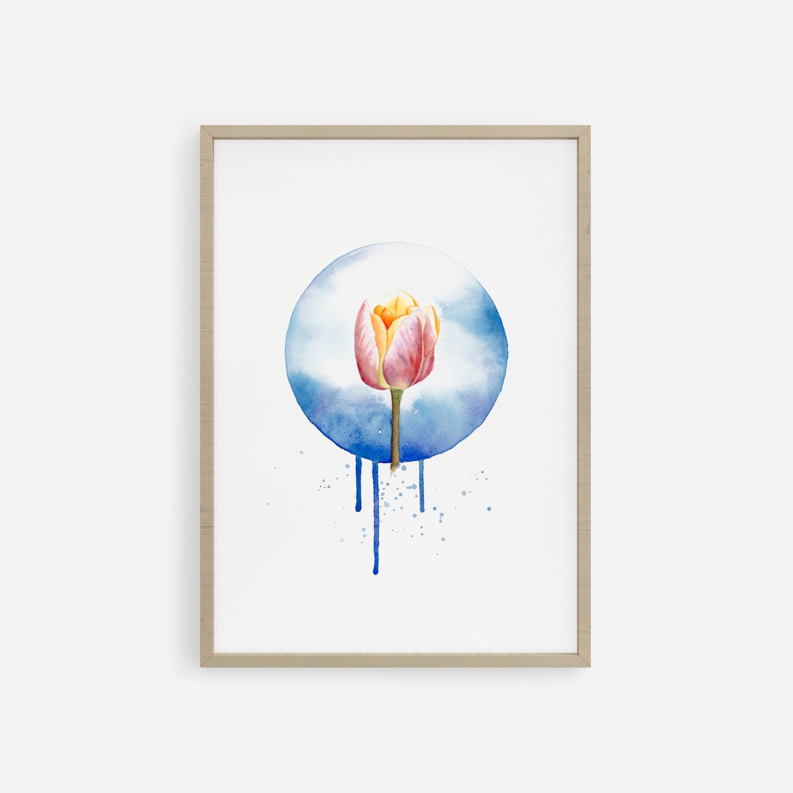 Tulip Watercolor painting with dreamy blue background – Shienakara by Karen Novoa.